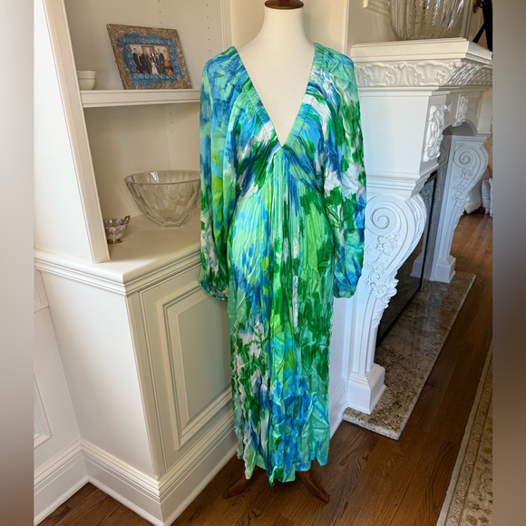 Hemant & Nandita Vida Blue Green Long Maxi Dress Kaftan $585 size Large - Picture 6 of 12